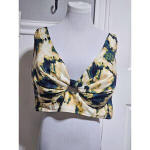 Swim By Cacique Plunge Tankini Top 44G Green Abstract Keyhole Underwire Bra Swim